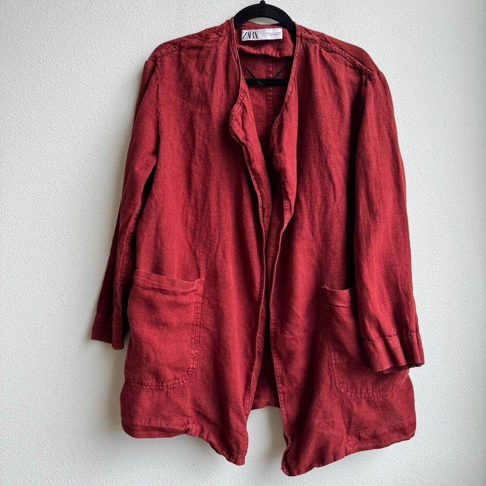 Zara Womens Small 100% Linen Blazer Oversized Jacket Rust Red Pockets Indie